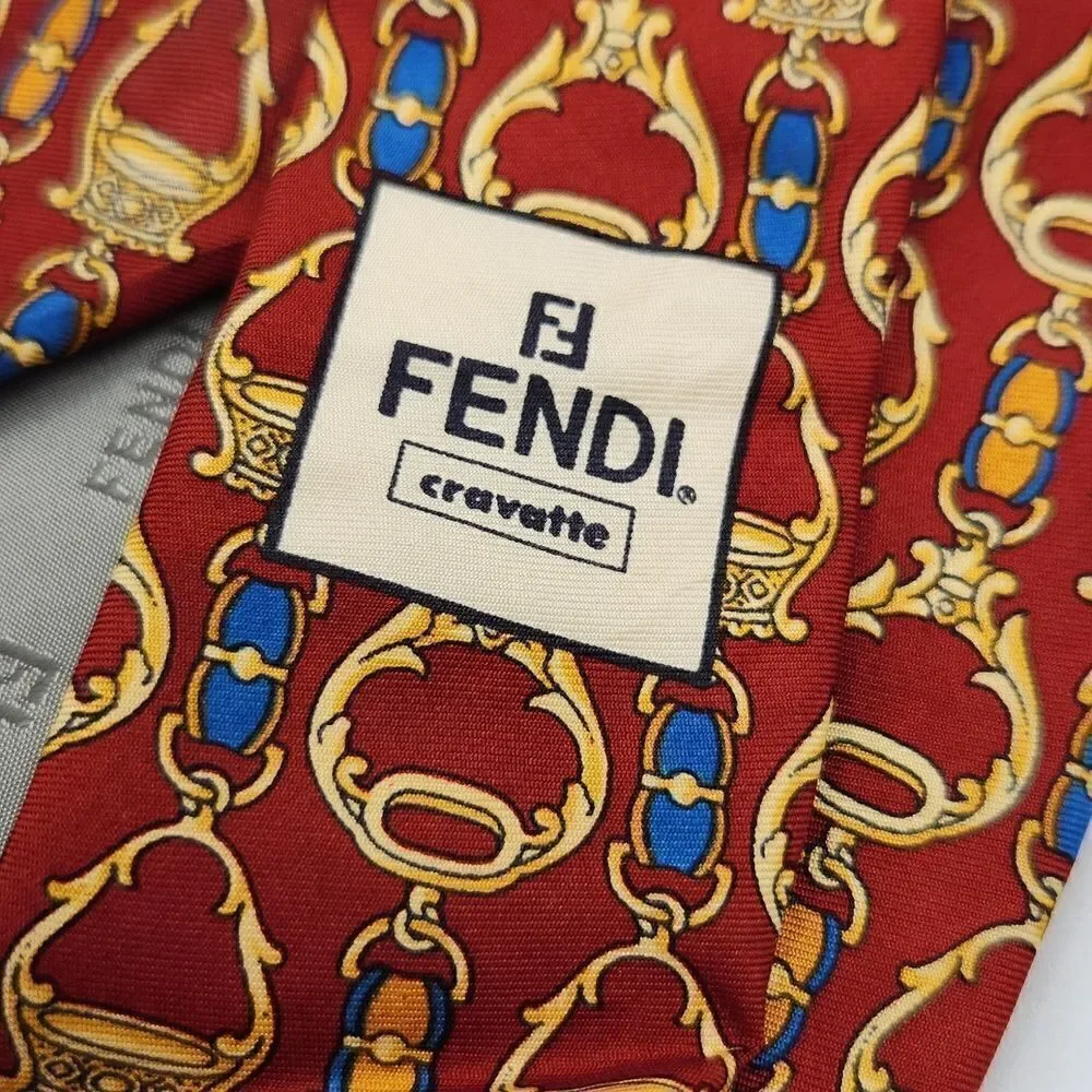 Fendi Cravatte 100% Silk Tie Men’s Burgundy Gold Equestrian Print Made in Italy